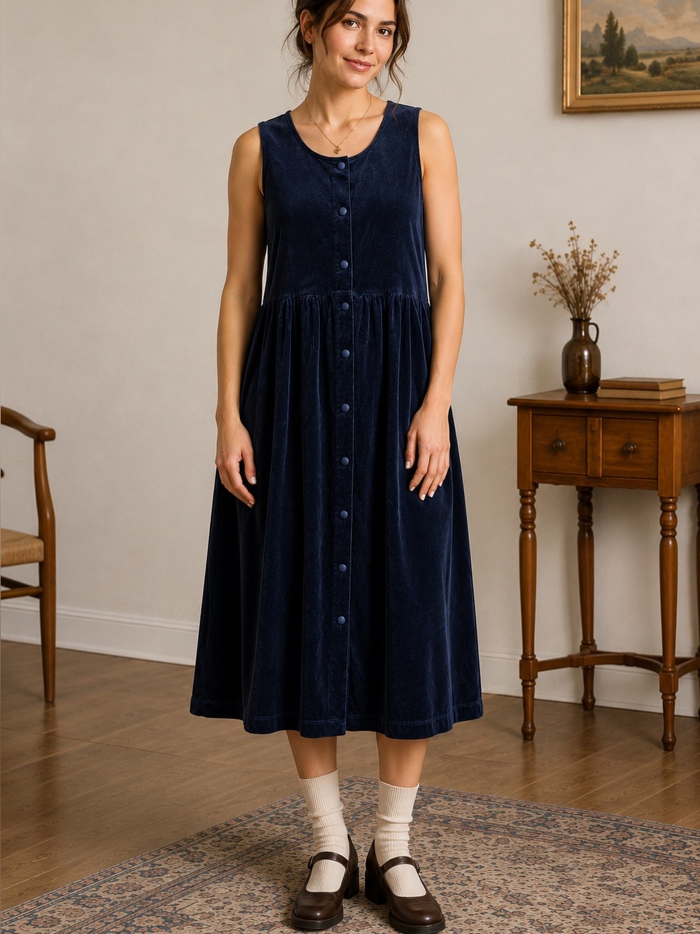 Vintage FADS Navy Velvet Button Front Sleeveless Midi Dress XL Cottagecore